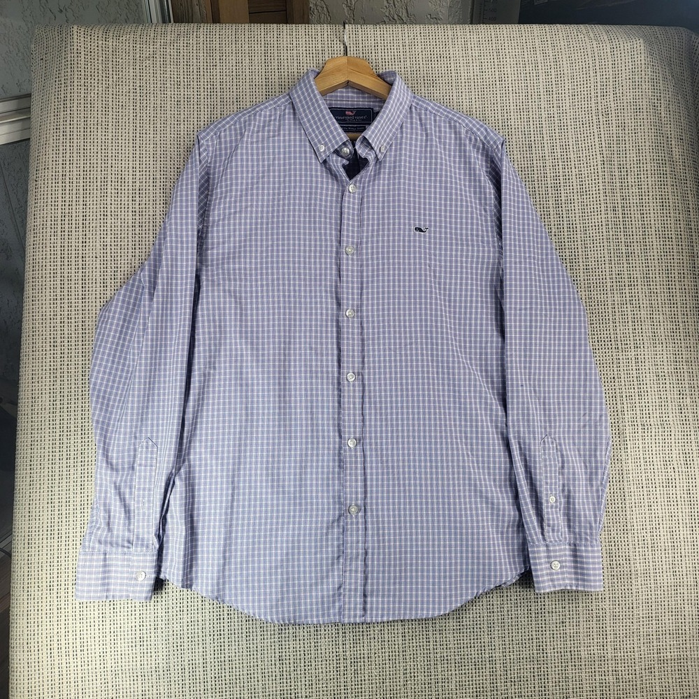 Vineyard Vines Shirt Mens Large Blue Pink Plaid‎ Slim Fit Whale Logo Button Down